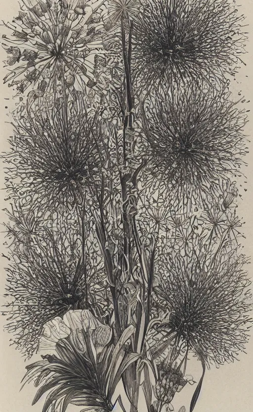 Prompt: scanned flowers as fireworks illustration of Kunstformen der Natur (Art forms in Nature) by Ernst Haeckel 1899