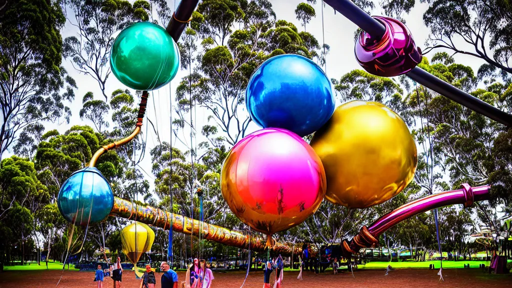 Image similar to large colorful futuristic space age metallic steampunk balloons with pipework and electrical wiring around the outside, and people on rope swings underneath, flying high over the beautiful brisbane in australia city landscape, professional photography, 8 0 mm telephoto lens, realistic, detailed, photorealistic, photojournalism