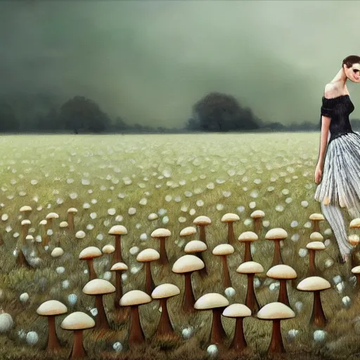 Prompt: a vogue model in a field of mushrooms, oil painting, pale colors, high detail, 8 k, wide angle, trending on artstation,