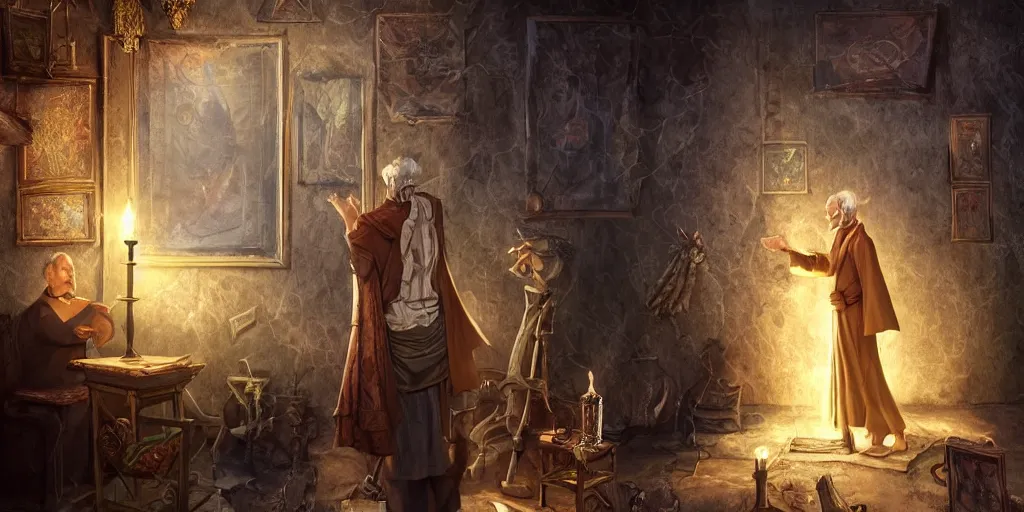 Image similar to back shot of wizened aristocrat examining the mysteries of tarot cards on a magical blackboard, fantasy art, matte painting, high quality, digital painting, artwork by tony sart