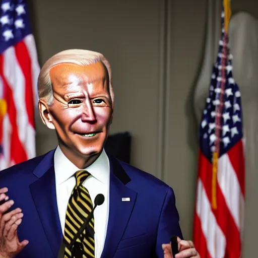 Prompt: photograph of an alien wearing a wig and a dress and (((Joe Biden))) at a press conference, highly detailed, 4K