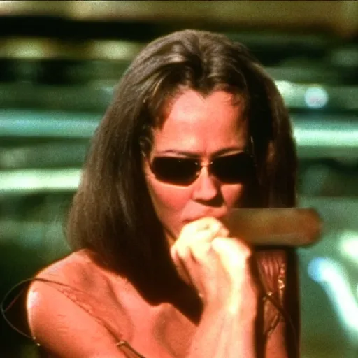 Prompt: still from old 80\'s movie Matrix (1982) actress playing Trinity