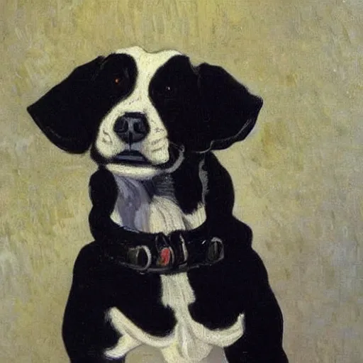 Image similar to oil painting of a black and white cute dog, oil in canvas, painted by van gogh