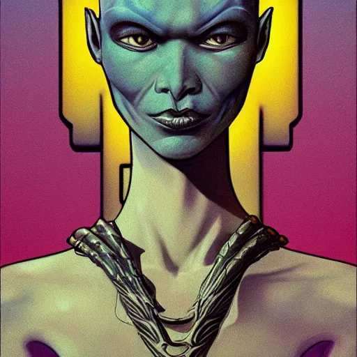 Image similar to portrait of a gorgeous female blue alien, sharp, detailed, in the style of Moebius