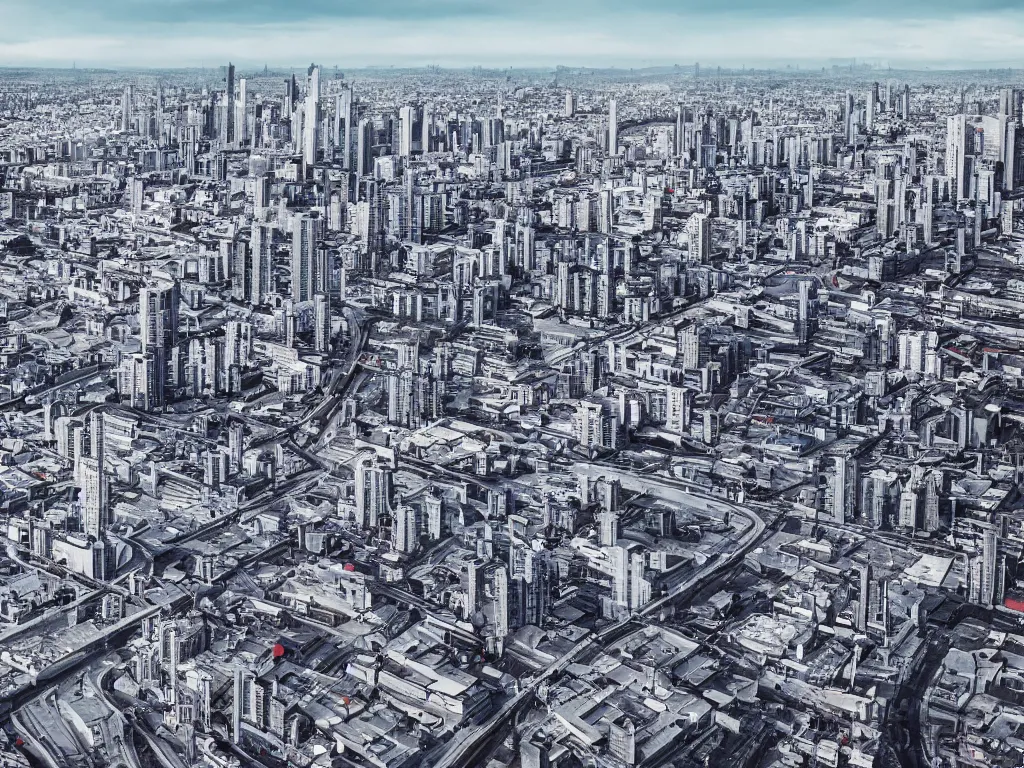 Image similar to drone view of a city with a large highway through, Brutalist architecture,sharp focus,telephoto lens,digital art,Neil Blevins 4k