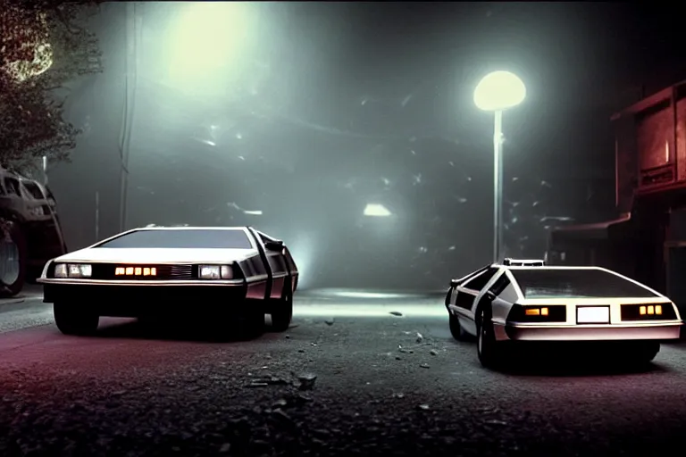 Image similar to photograph of the delorean from back to the future in half life 2, dark room, cinematic, volumetric lighting, hyperdetailed photograph