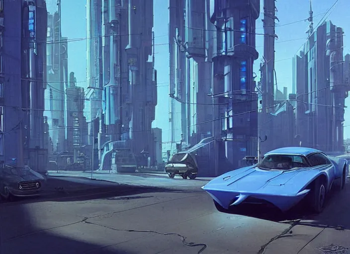 Image similar to a blue car driving down a street next to tall buildings, cyberpunk art by Chesley Bonestell, cgsociety, retrofuturism, matte painting, reimagined by industrial light and magic