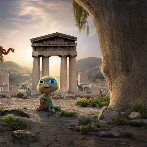 Image similar to Pixar movie about an alien invasion Ancient Athens, UFOs, portrait, intricate, 8k highly professionally detailed, HDR, CGsociety