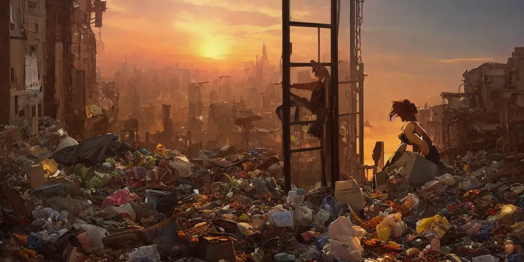 Image similar to broken window in foreground!! garbage dump, city is pure wasteland, sunset in background, detailed characters, alphonse mucha, greg rutkowski, trending on artstation, artgerm, breathtaking, sharp focus, smooth, mark arian, award winning, highly detailed 4 k art