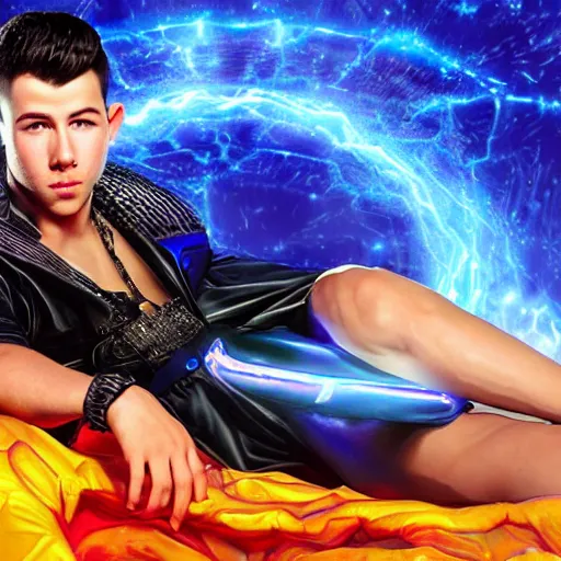 Prompt: futuristic handsome Nick Jonas as a prince made of glass wearing a hypersonic cape in an onyx aztec temple, reclining, glowing blue face, futuristic, oozing glowing liquid, blue diamonds, very detailed render, cosmic lighting