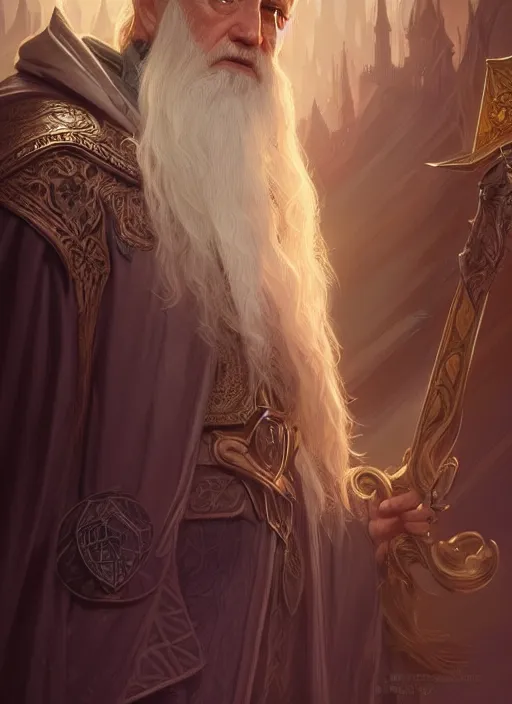 Prompt: dumbledore, d & d, fantasy, intricate, elegant, highly detailed, digital painting, artstation, concept art, matte, sharp focus, illustration, hearthstone, art by artgerm and greg rutkowski and alphonse mucha