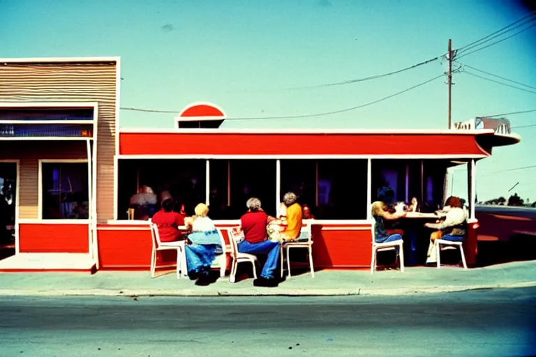 Prompt: 1 9 7 5 gumbo, people sitting at tables, googie architecture, two point perspective, americana, cooking photography, hd 4 k, taken by alex webb