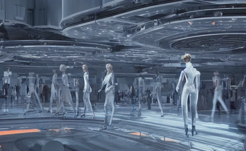 Prompt: High Quality Rendering of Fashion Catwalk on a Space-Station, Sci-Fi, Octane Renderer, Redshift, Raytracing