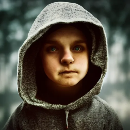 Prompt: portrait of a mysterious wizard with a Hood, bright eyes, fantasy, bokeh, magic lights, cinematic