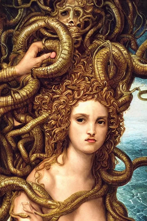 Image similar to Baroque painting of Medusa in a lake, inspired by Gustav Moreau and Wayne Barlowe, exquisite detail, hyper realism, ornate, exquisite detail, cute face