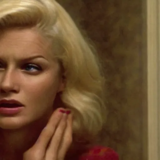 Image similar to shocked blonde woman reaction image, movie still