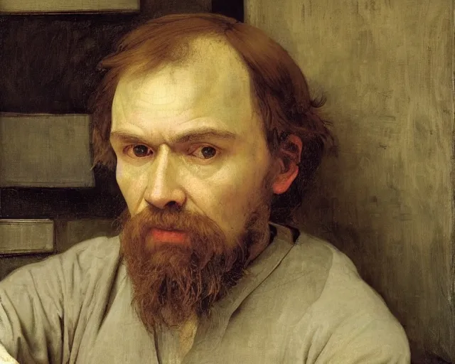 Image similar to a close up of dostoyevsky as an exhausted painter in his studio by edgar maxence and caravaggio and michael whelan, intricate painting, hyper realistic, extremely detailed and beautiful aesthetic face, 8 k resolution