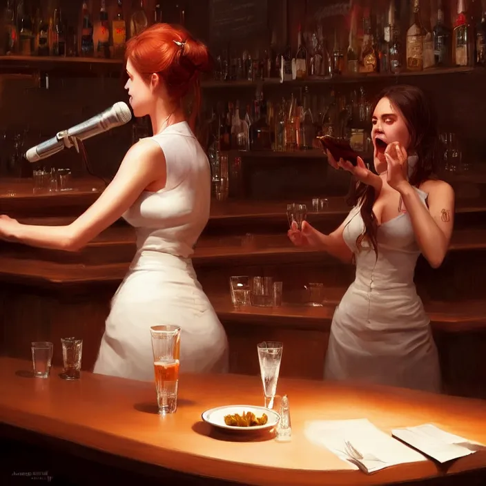 Image similar to a waitress singing on a table in a bar, elegant, real life skin, intricate artwork, high detailed, artstation, concept art, smooth, sharp focus, art by artgerm and greg rutkowski