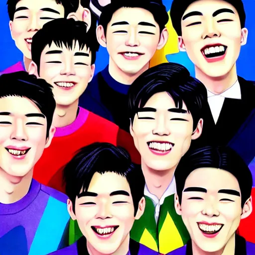 Image similar to handsome korean boys group smile to you - aesthetic, smooth painting, each individual seeds have ultra high detailed, 4 k, illustration, comical, acrylic paint style, pencil style, torn cosmo magazine style, pop art style, ultrarealism, by mike swiderek, jorge lacera, ben lo, tyler west