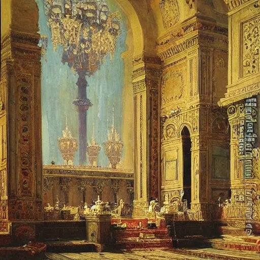 Prompt: Gigantic throne room with a big throne in a palace oil painting by rudolf ernst