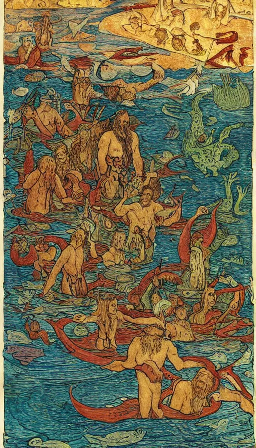 Image similar to man on boat crossing a body of water in hell with creatures in the water, sea of souls, by ivan bilibin,