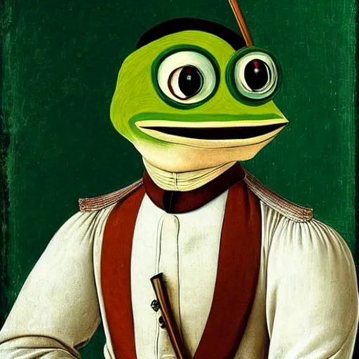 Image similar to pepe the frog as 1 9 th century prussian soldier, elegant portrait by sandro botticelli, detailed, symmetrical, intricate