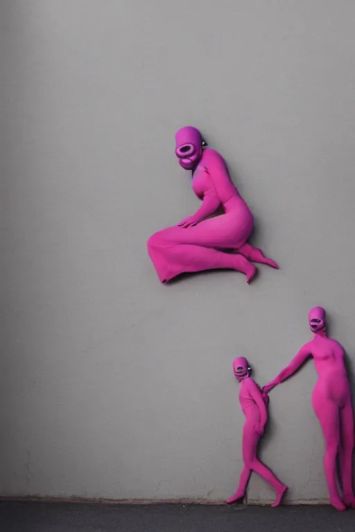 Prompt: a surreal portrait intertwined and contorted figures wearing gas mask next to a pink wall in the style of brooke didonato, editorial fashion photography from vogue magazine, full shot, nikon d 8 1 0, ƒ / 2. 5, focal length : 8 5. 0 mm, exposure time : 1 / 8 0 0, iso : 2 0 0