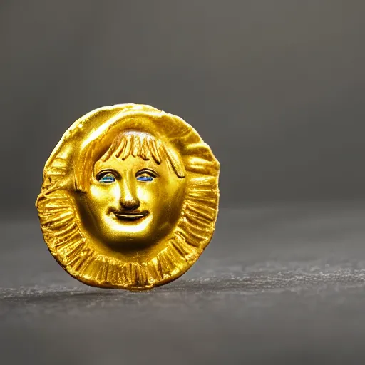 Prompt: an ancient roman gold coin with the face of a clown, close up photo, ultra realistic, studio photo, bokeh.