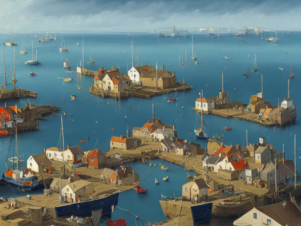 Image similar to a detailed gouache painting illustration of a typical English coastal fishing harbor, by Michiel Schrijver, ultra-hd, sharp focus, isometric