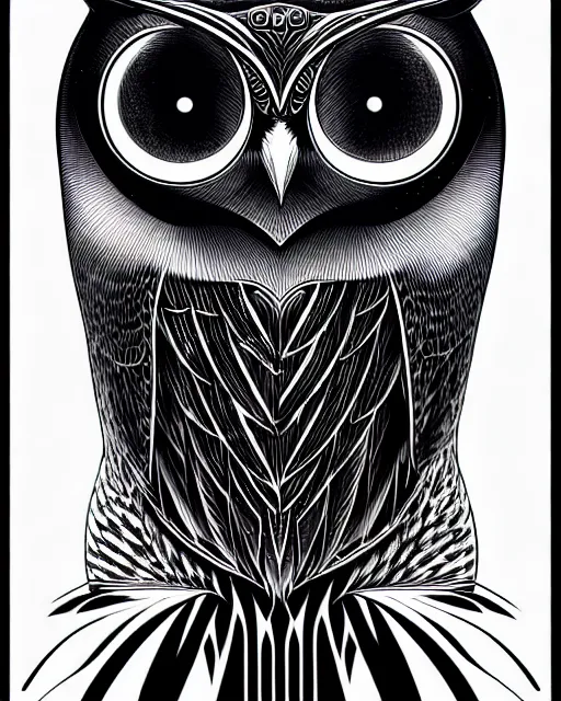 Image similar to side view of a majestic owl, high details, bold line art, by vincent di fate and joe fenton, inking, etching, screen print, masterpiece, trending on artstation, sharp, high contrast, hyper - detailed, hd, 4 k, 8 k