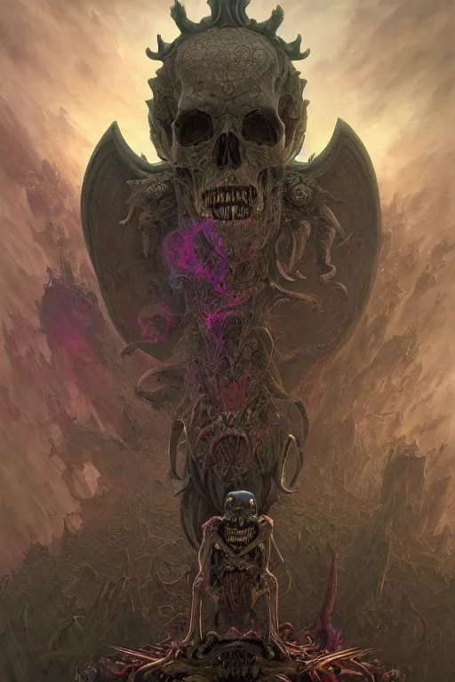 Image similar to gigantic demonic skull lord of death, fantasy painting, ultra realistic, wide angle, art nouveau, intricate details, rainbowshift, vivid colors, highly detailed by peter mohrbacher, h. r. giger, maxfield parrish, gaston bussiere, gustave dore, beksinski, craig mullins, octane render, cgi