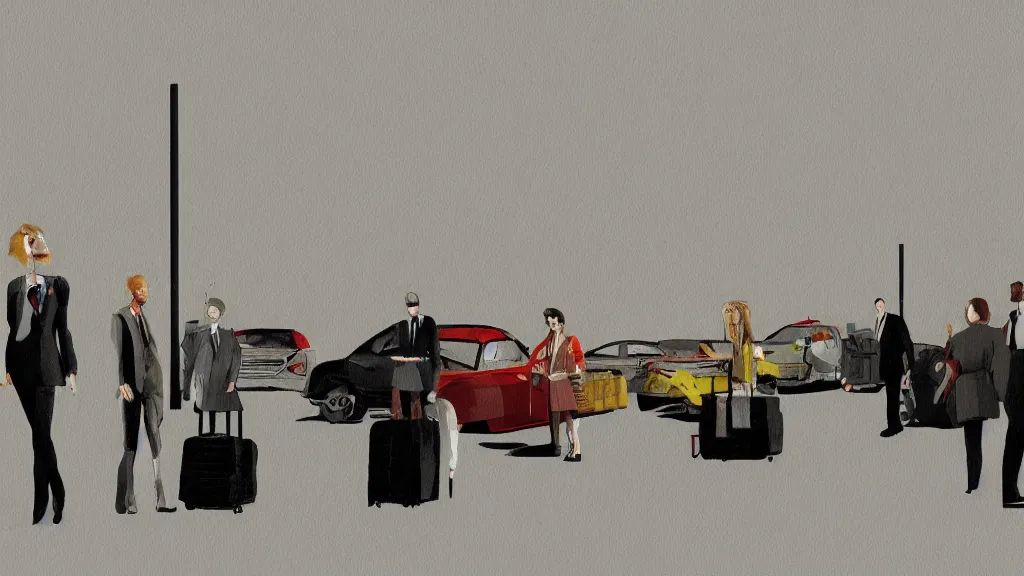 Image similar to A meeting at the airport, in the style of David Lynch, by Wes Anderson, concept art, artstation