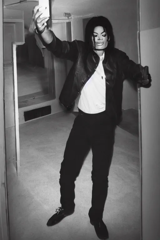 Image similar to Michael Jackson taking a selfie in the backrooms, liminal spaces, backrooms background, selfie photo,