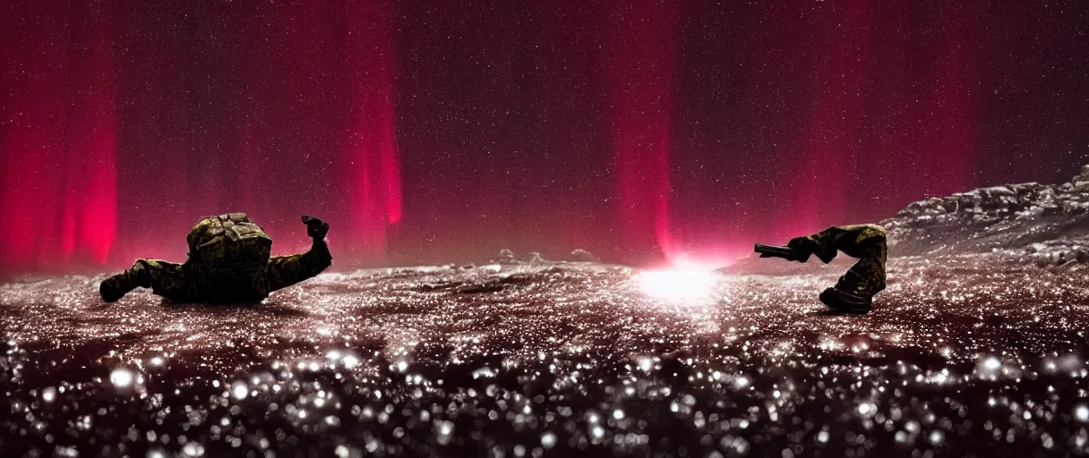 Image similar to an extreme closeup movie like 3 5 mm film depth of field photograph of a soldier falling face first into a small reflective puddle of dark red wine under the northern lights in antarctica at night, in the style of a horror film