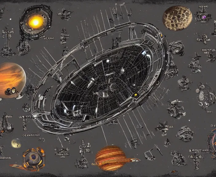 Image similar to a space junkyard forming a tilted disk in black starless space, a graveyard of space stations and giant space structures, dark sci - fi game map with solid black background