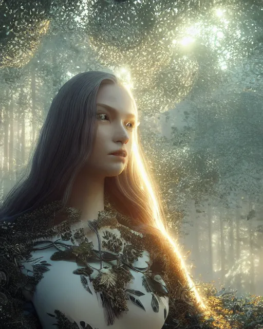 Prompt: beauteous sumptuous biomechanical incredible hair, crystalline masterpiece incrustations, hyperdetailed face, 4 k oled projected retinal overlays, elegant pose, movie still, intricate, octane render, cinematic forest lighting, cgsociety, unreal engine, crepuscular rays, god rays