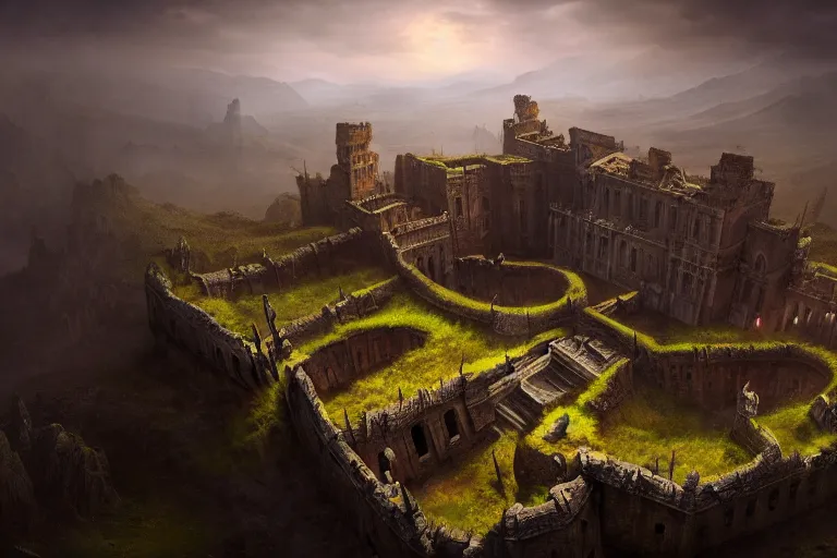 Prompt: giant ancient castle, cinematic, epic, dramatic lighting from above, dark, vines, fantasy, dust, unreal engine, octane, highly detailed, concept art, dark, super realistic