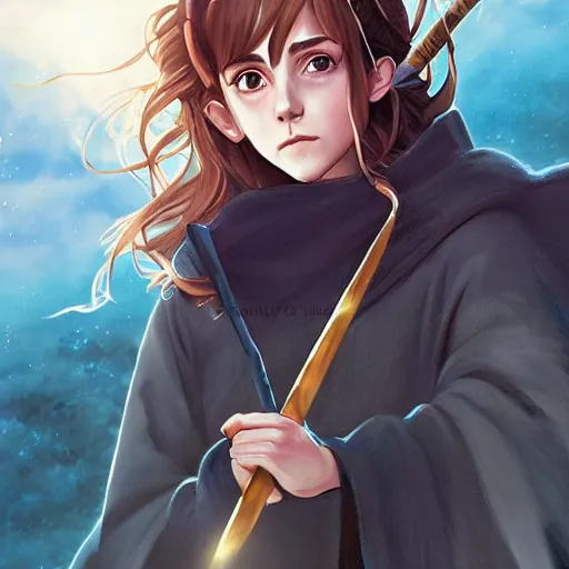 Prompt: anime portrait of Emma Watson as Hermione at Hogwarts holding her magic wand by Stanley Artgerm Lau, WLOP, Rossdraws, James Jean, Andrei Riabovitchev, Marc Simonetti, and Sakimichan, trending on artstation