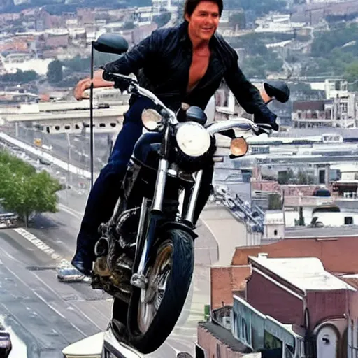 Image similar to Tom cruise jump from a building with a motorcycle