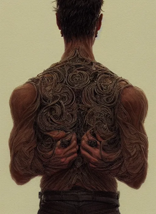 Image similar to darkhaired man seen from behind wearing shirt, head and shoulders, intricate, highly detailed, centered, digital painting, artstation, concept art, smooth, sharp focus, illustration, art by james gurney and donato giancola and greg rutkowski