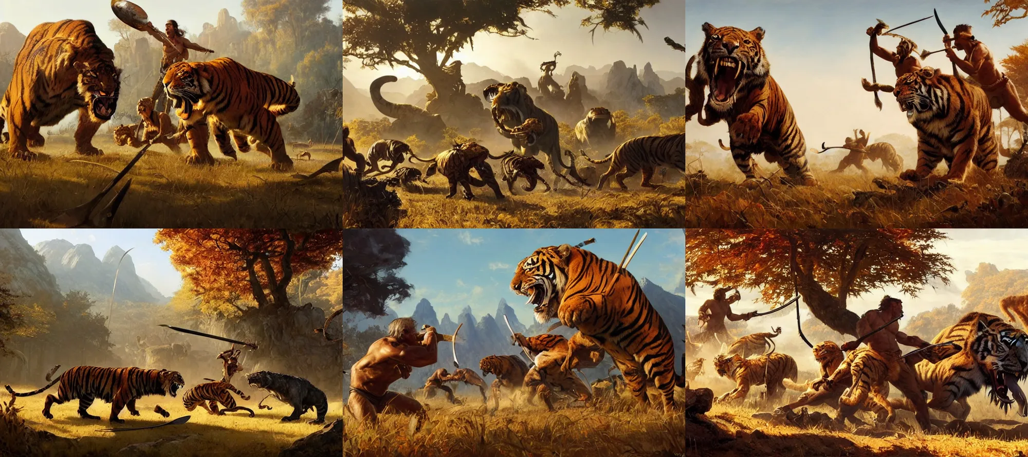 Prompt: epic scene of prehistoric hunter gatherers facing a sabre tooth tiger with spears, autumn season, clear and beautiful sunny weather, epic feels, high details, oil painting by greg rutkowski and craig mullins, frank frazetta, 8 k