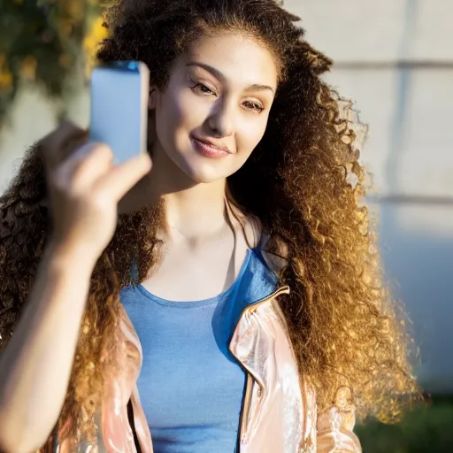 Image similar to selfie of a young woman, wearing a translucent and iridescent jacket over a tank top, curly long hair, caucasian, sigma 85mm f/1.4, 4k, depth of field, high resolution, 4k, 8k, hd, full color