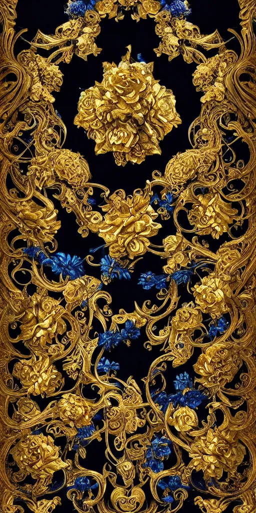 Image similar to black blue yellow, complicated gold and blue flowers the baroque style decoration, dark fantasy, intricate, elegant, highly detailed, digital painting, artstation, concept art, matte, 3 d 8 k octane rendered, sharp focus, illustration, octane rendered, art by artgerm