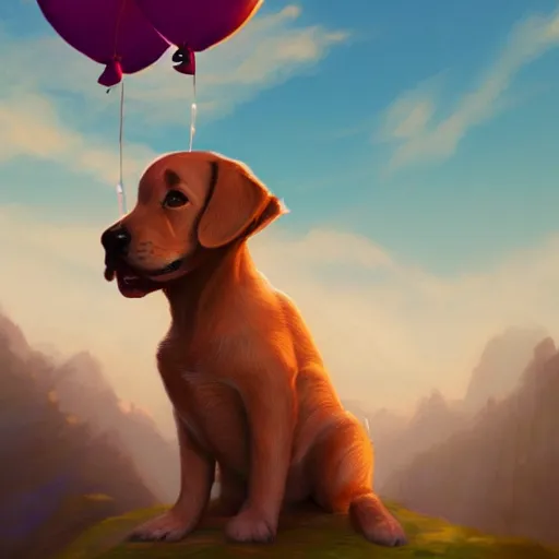 Image similar to puppy high in the air holding balloons, 8k, fantasy, intricate, cinematic lighting, highly detailed, digital painting, artstation, concept art, smooth, sharp focus, illustration, by Pixar