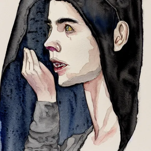 Image similar to full body detailed watercolor illustration of alien jennifer connelly mixed with anya taylor - joy, reading a book, unsettling, hooded long black feathered cloak, uncanny valley, with black feathers instead of hair, gothic, guillermo del toro, gray mottled skin, pale and sickly, profile view, - - ar 9 : 1 6