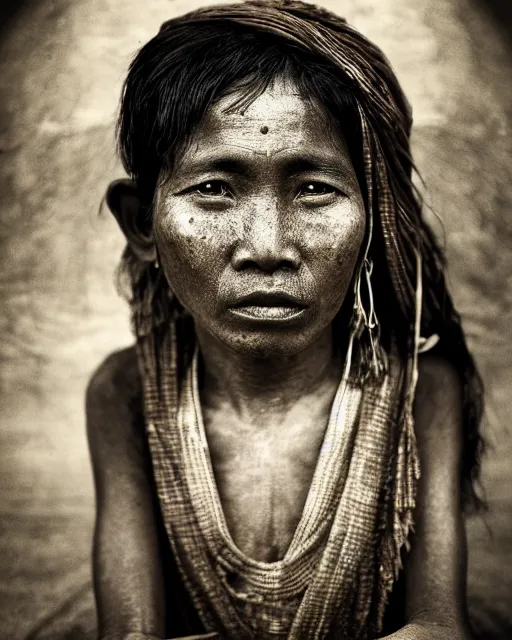 Image similar to Award winning Portrait photo of a Native Myanmarese with hyper-detailed hair and beautiful eyes wearing traditional garb by Lee Jeffries, 85mm ND 5, perfect lighting, gelatin silver process