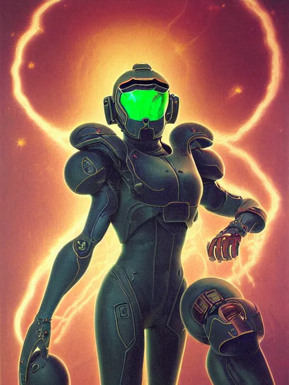 Image similar to a detailed profile painting of Samus Aran from Metroid in polished armour and visor. cinematic sci-fi poster. Cloth and metal. Welding, fire, flames, samurai Flight suit, accurate anatomy portrait symmetrical and science fiction theme with lightning, aurora lighting clouds and stars. Clean and minimal design by beksinski carl spitzweg giger and tuomas korpi. baroque elements. baroque element. intricate artwork by caravaggio. Oil painting. Trending on artstation. 8k