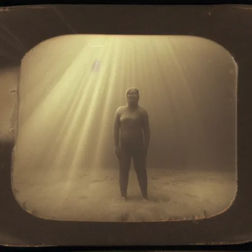 Image similar to tintype photo, volumetric light rays, underwater, Bigfoot swimming