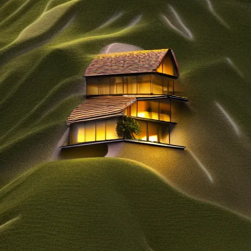 Image similar to small hillside house made of honey, modern lighting, hyper - realistic, hyper - detailed, 8 k, octane rendered, art nouveau, organic, flowing, impossible torsion, writhing, lush, dynamic