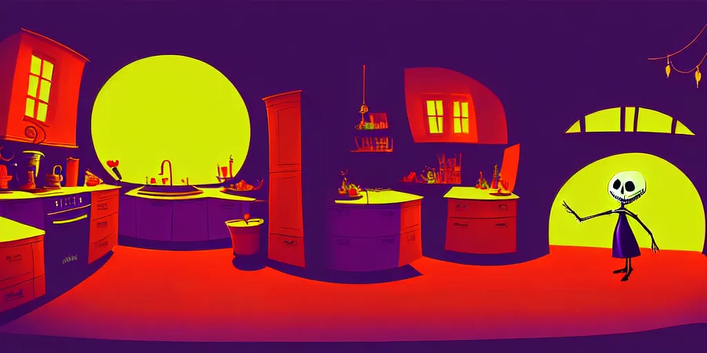 Prompt: curved perspective digital art of a vibrant dark kitchen from tim burtons nightmare before christmas by petros afshar